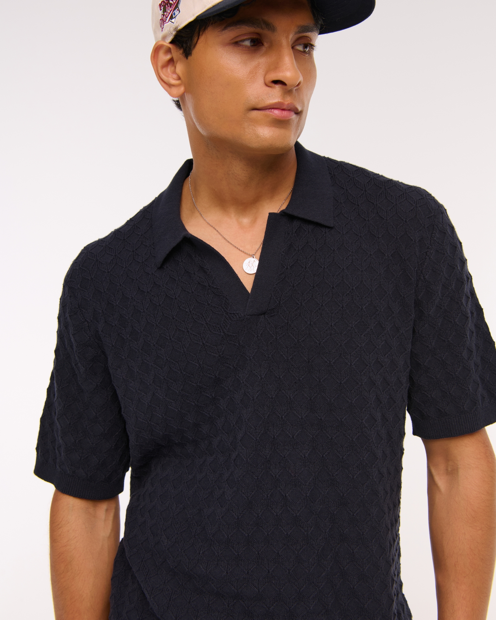 Pointelle Stitch Johnny Collar Sweater Polo