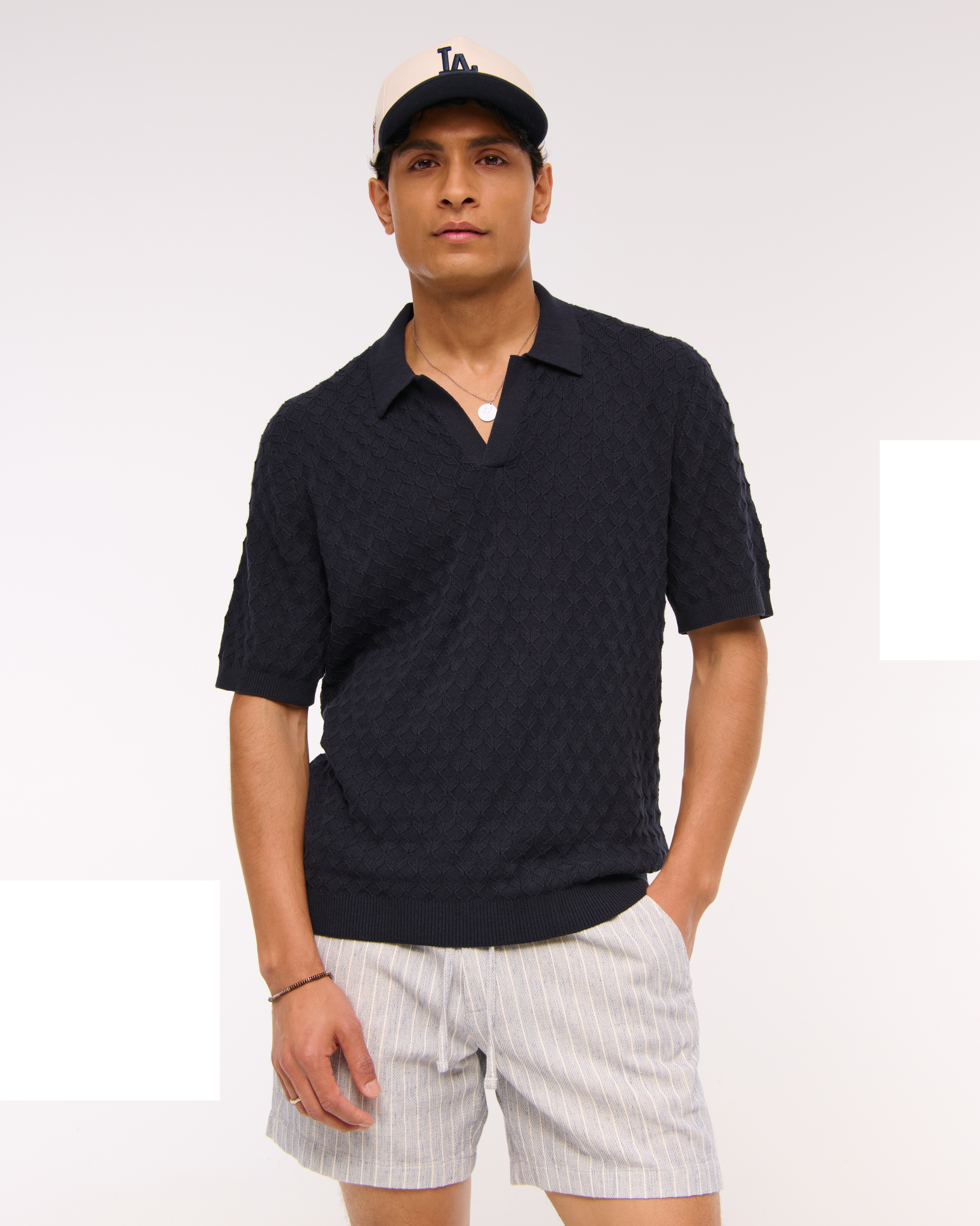 Men's Pointelle Stitch Johnny Collar Sweater Polo | Men's