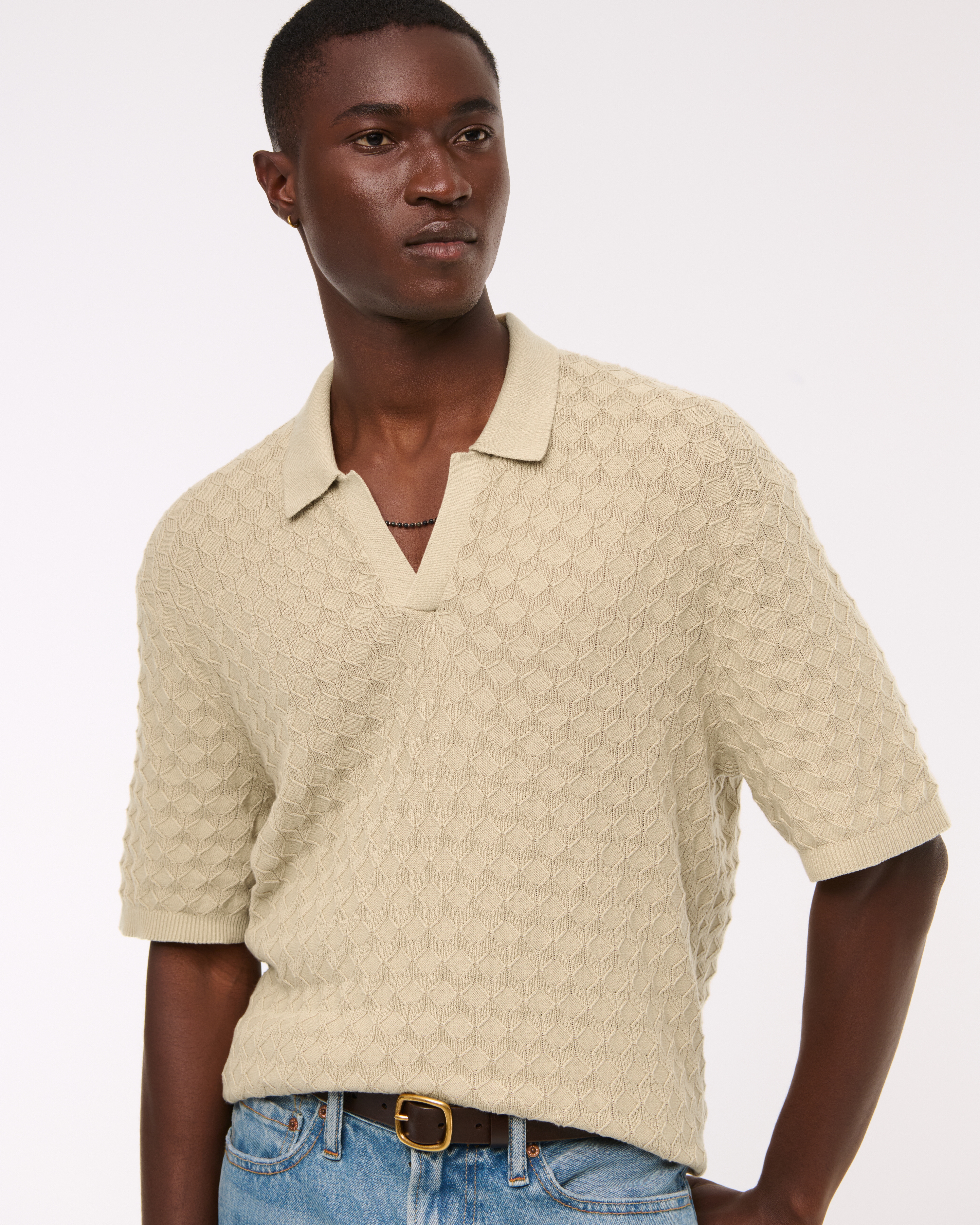 Abercrombie & Fitch Pointelle Stitch Johnny Collar Sweater Polo In White