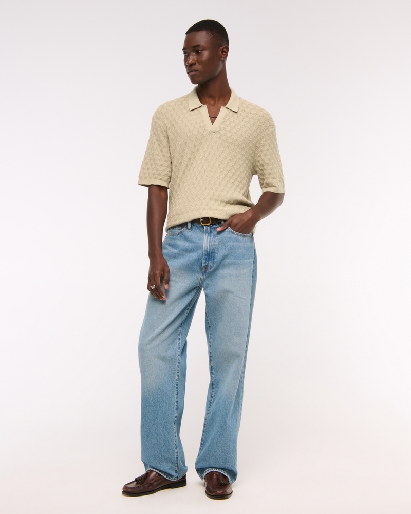 Pointelle Stitch Johnny Collar Sweater Polo