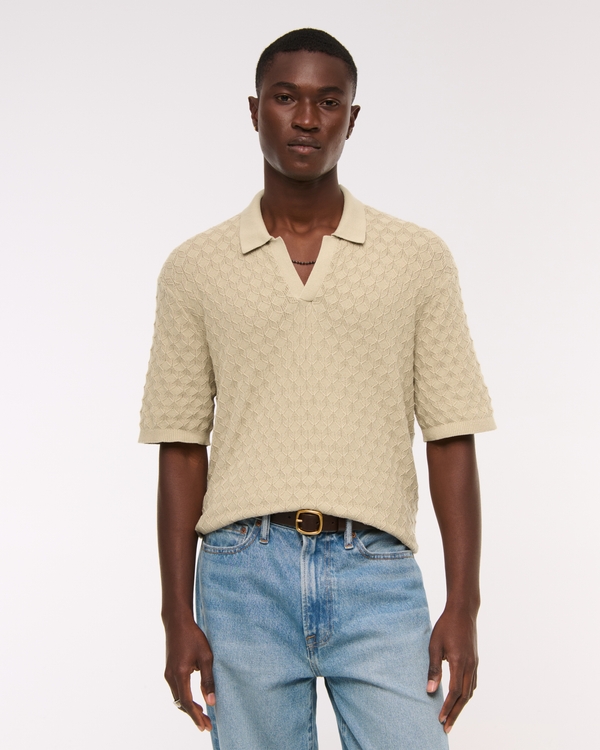 Men's Pointelle Stitch Johnny Collar Sweater Polo | Men's Tops