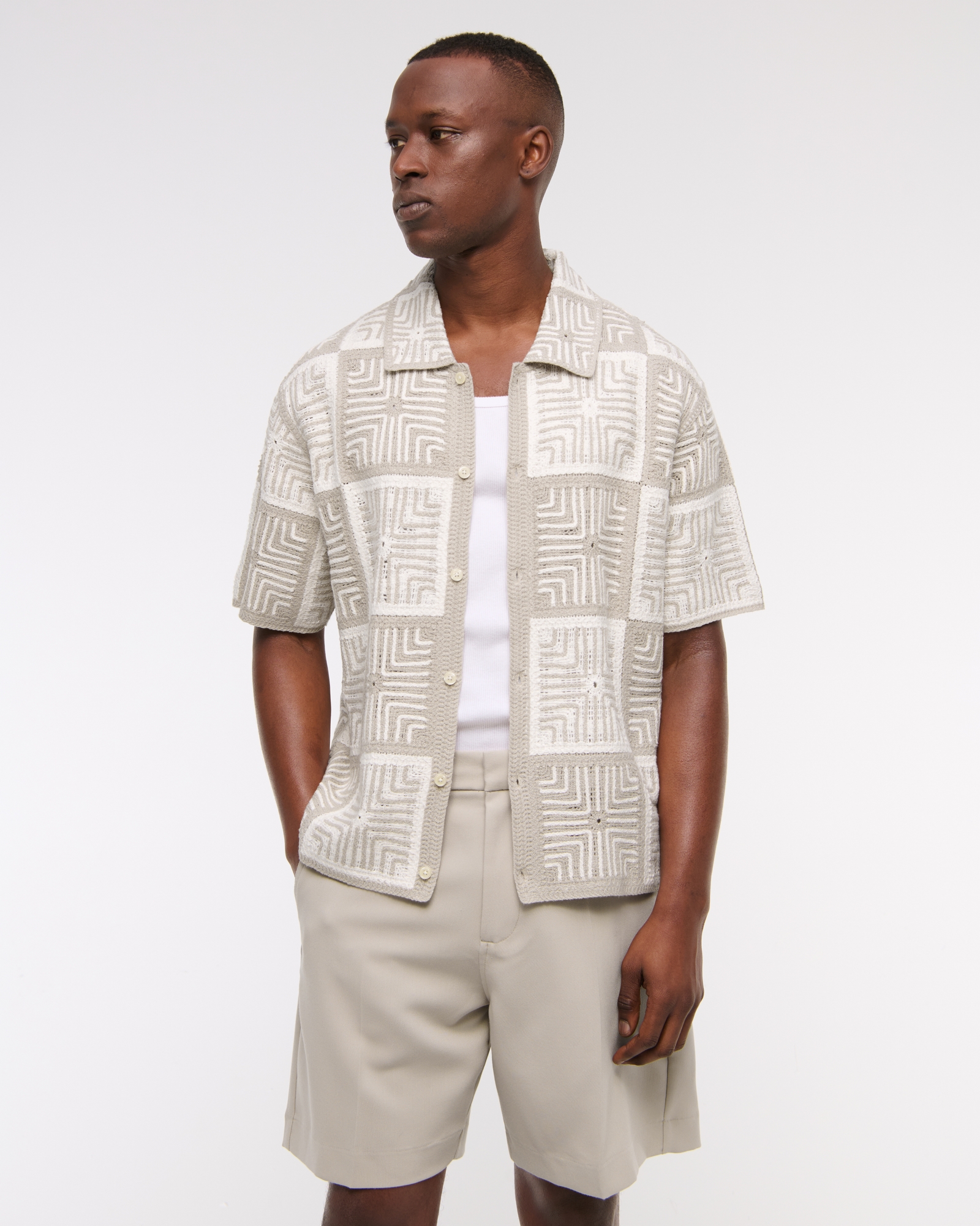 Crochet-Style Geometric Button-Through Sweater Polo