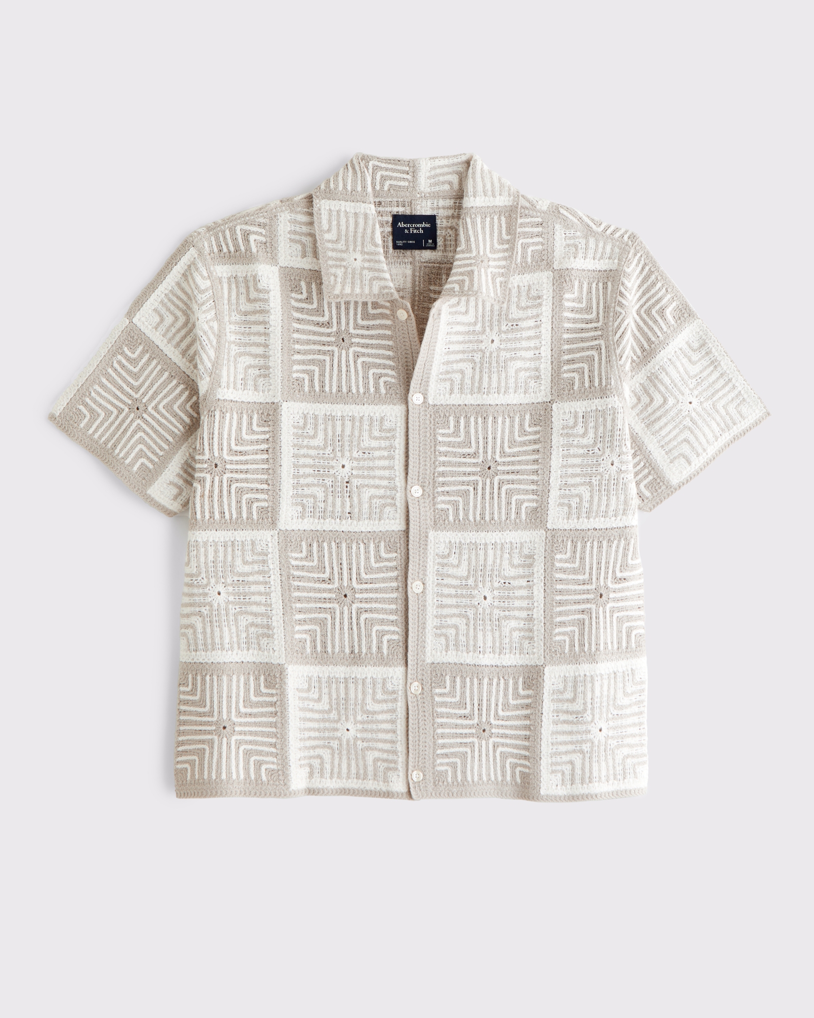 Crochet-Style Geometric Button-Through Sweater Polo