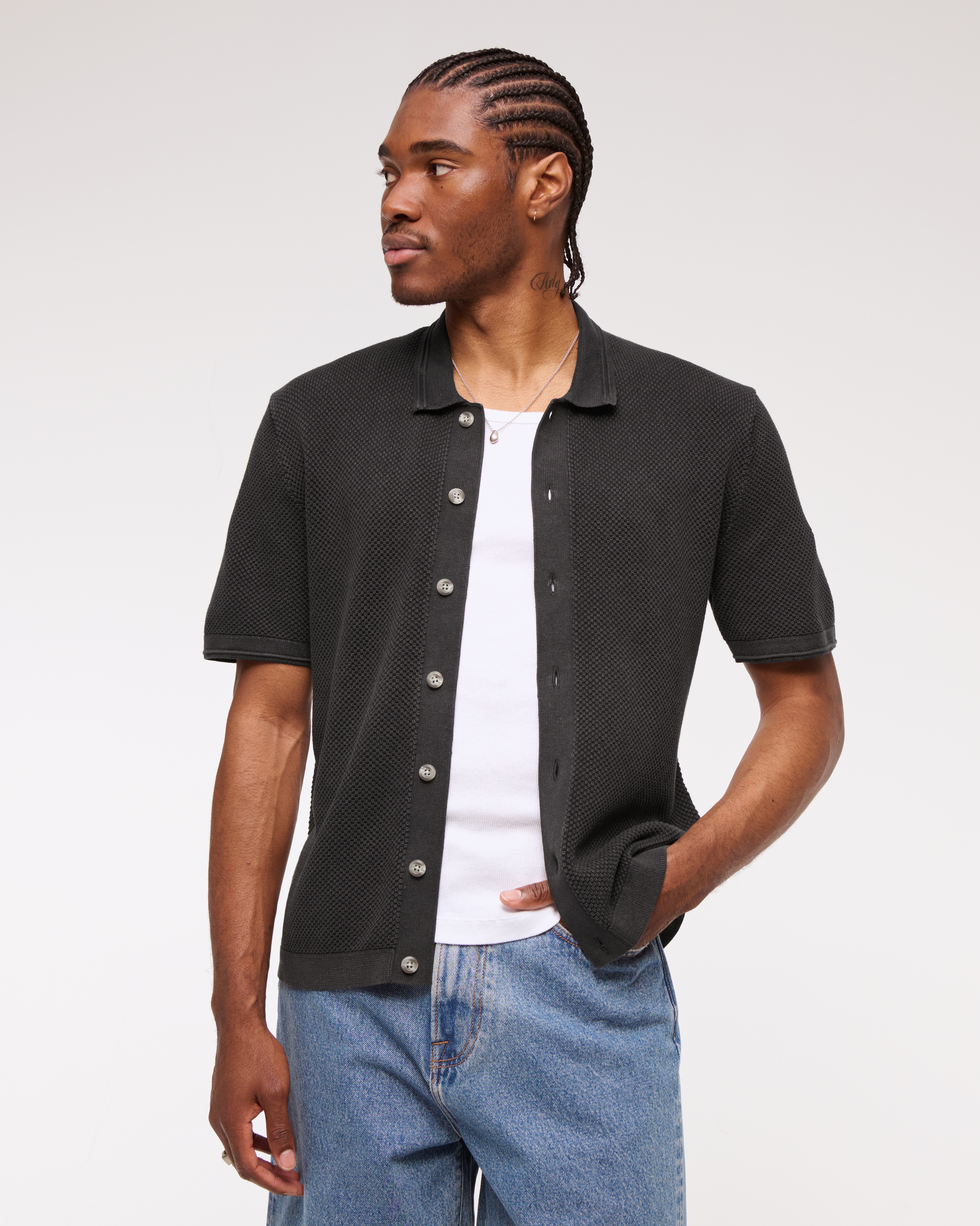 Abercrombie & Fitch Garment Dye Button-through Sweater Polo In Black