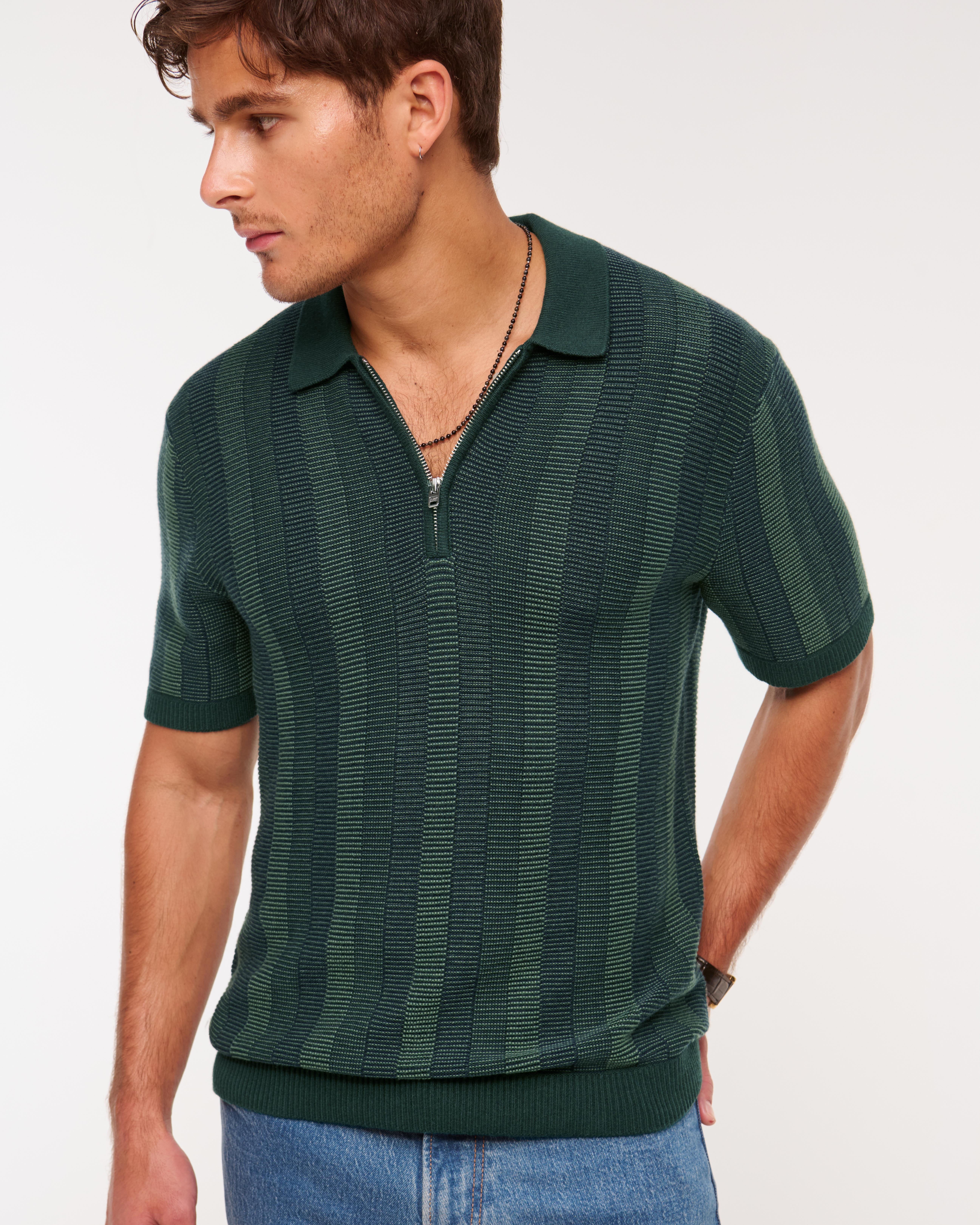 Abercrombie & Fitch Contrast Textural Zip Sweater Polo In Green