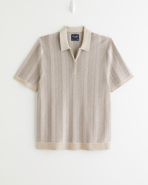 Contrast Textural Zip Sweater Polo, Light Brown Pattern view 1