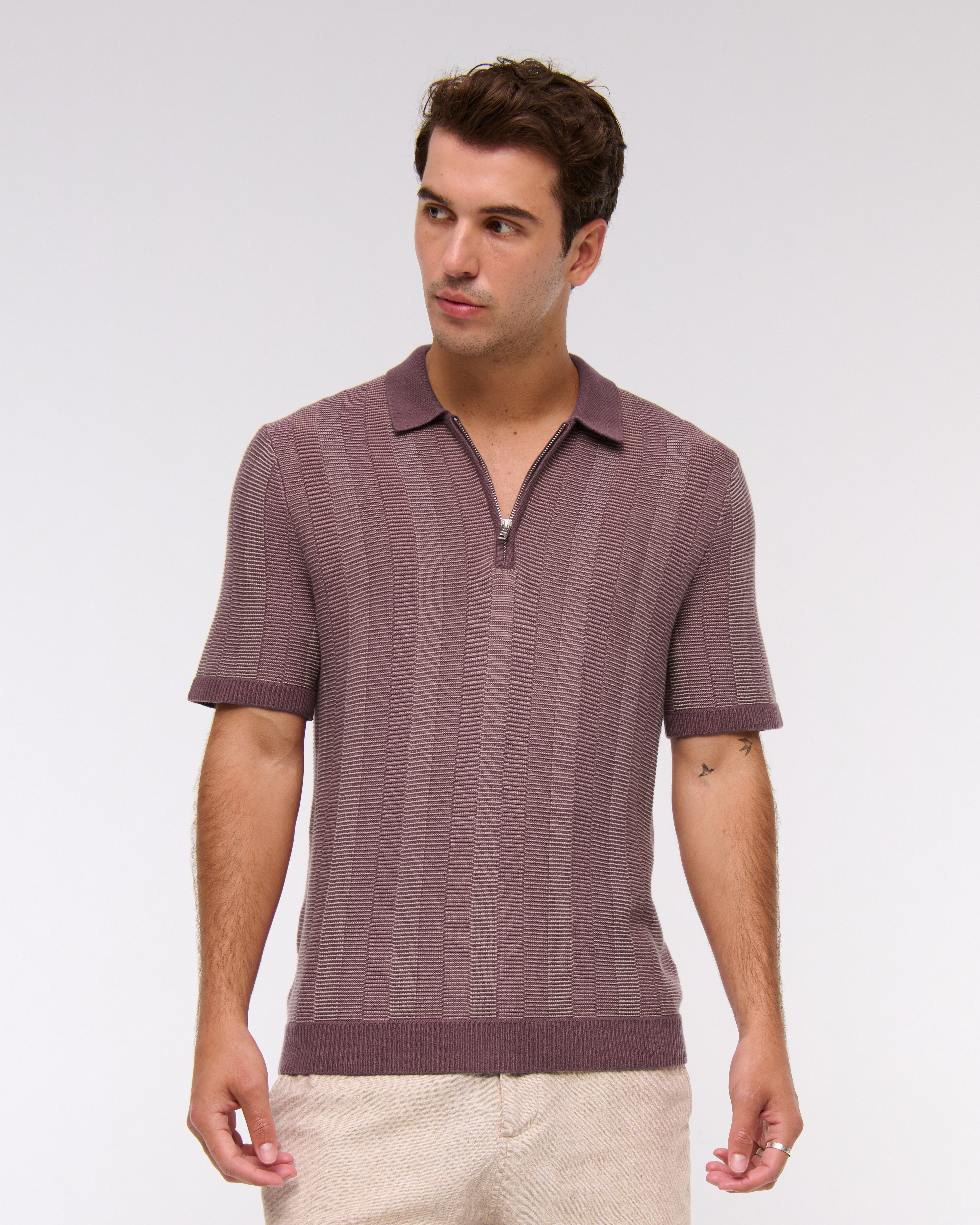 Abercrombie & Fitch Contrast Textural Zip Sweater Polo In Brown