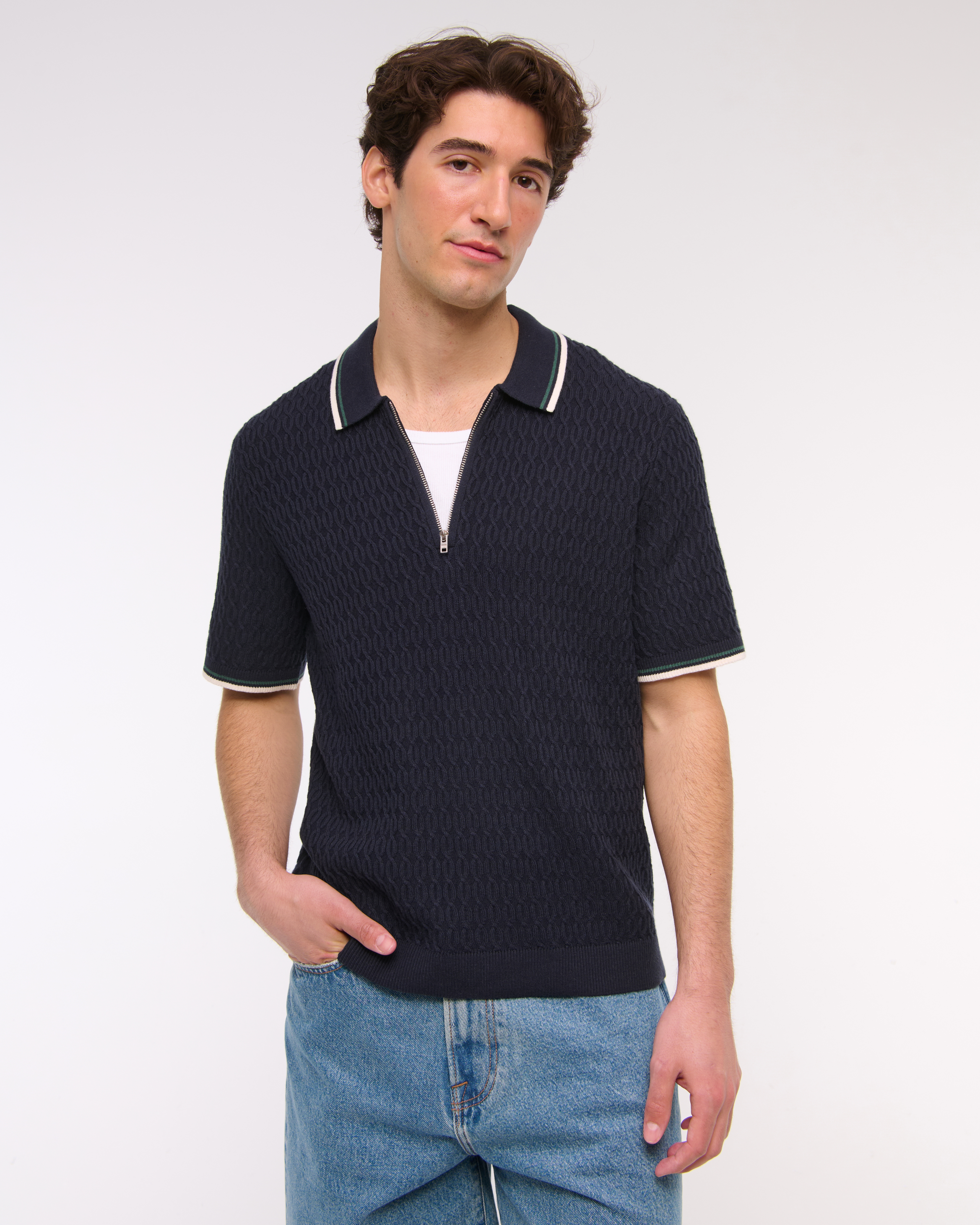 Abercrombie & Fitch Tipped Zip Sweater Polo In Blue