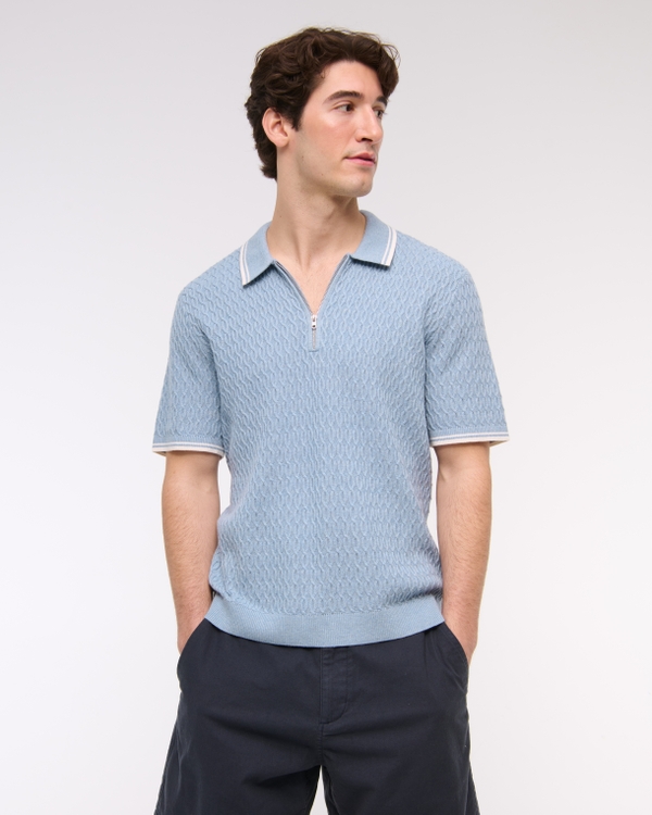 Tipped Zip Sweater Polo, Light Blue view 1