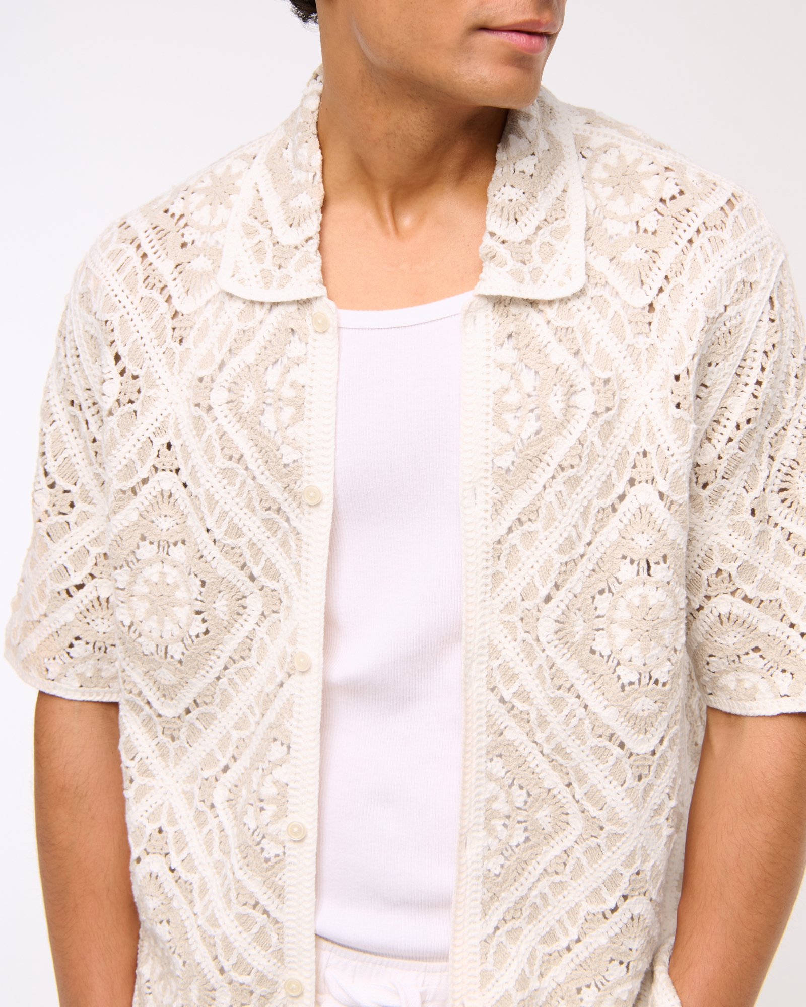 Crochet-Style Floral Button-Through Sweater Polo