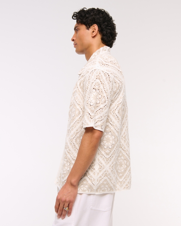 Crochet-Style Floral Button-Through Sweater Polo