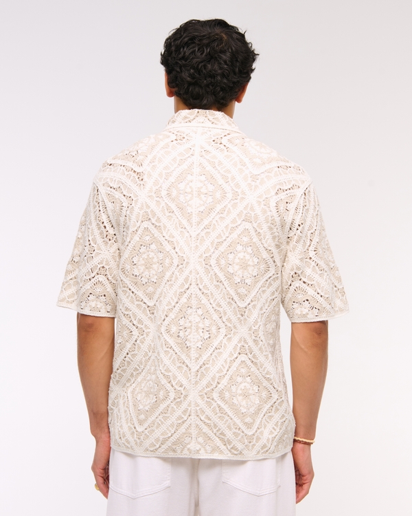 Crochet-Style Floral Button-Through Sweater Polo