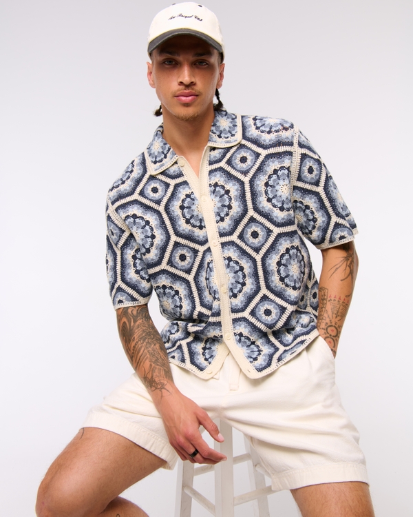 Crochet-Style Floral Button-Through Sweater Polo, Navy Pattern view 1