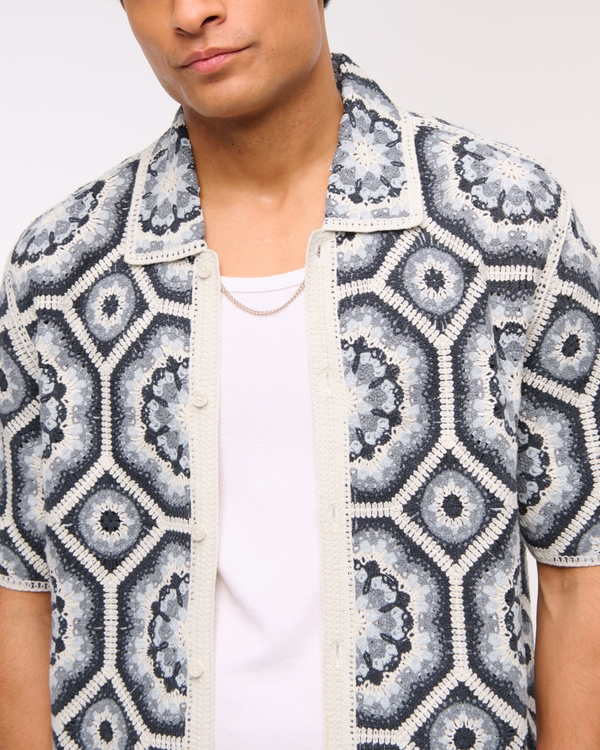 Crochet-Style Floral Button-Through Sweater Polo