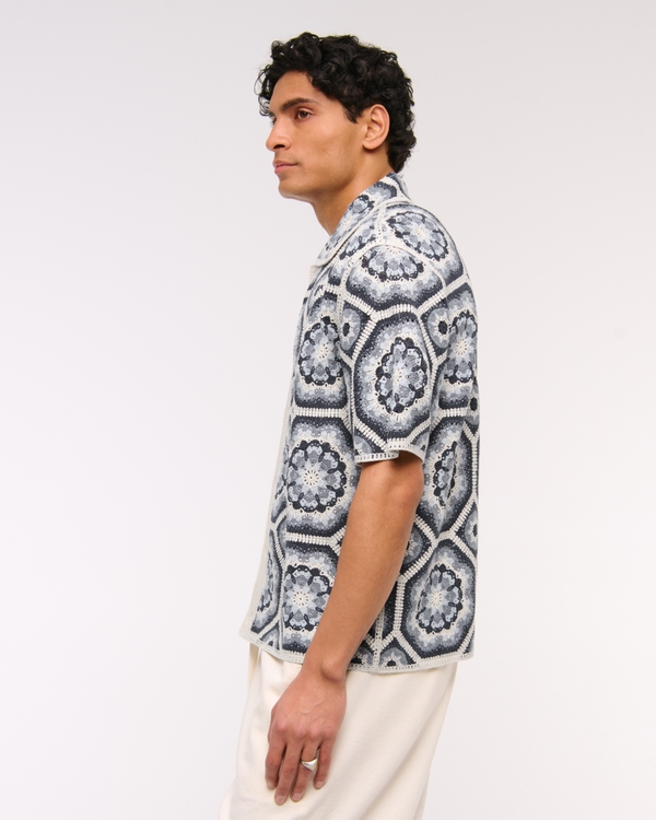 Crochet-Style Floral Button-Through Sweater Polo