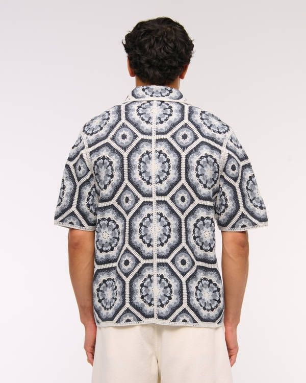 Crochet-Style Floral Button-Through Sweater Polo