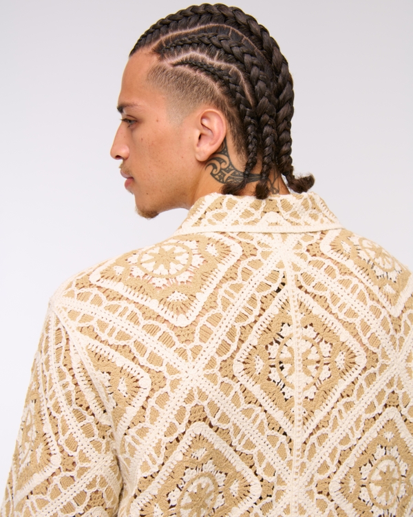 Crochet-Style Floral Button-Through Sweater Polo, Sunlit Straw Pattern view 1
