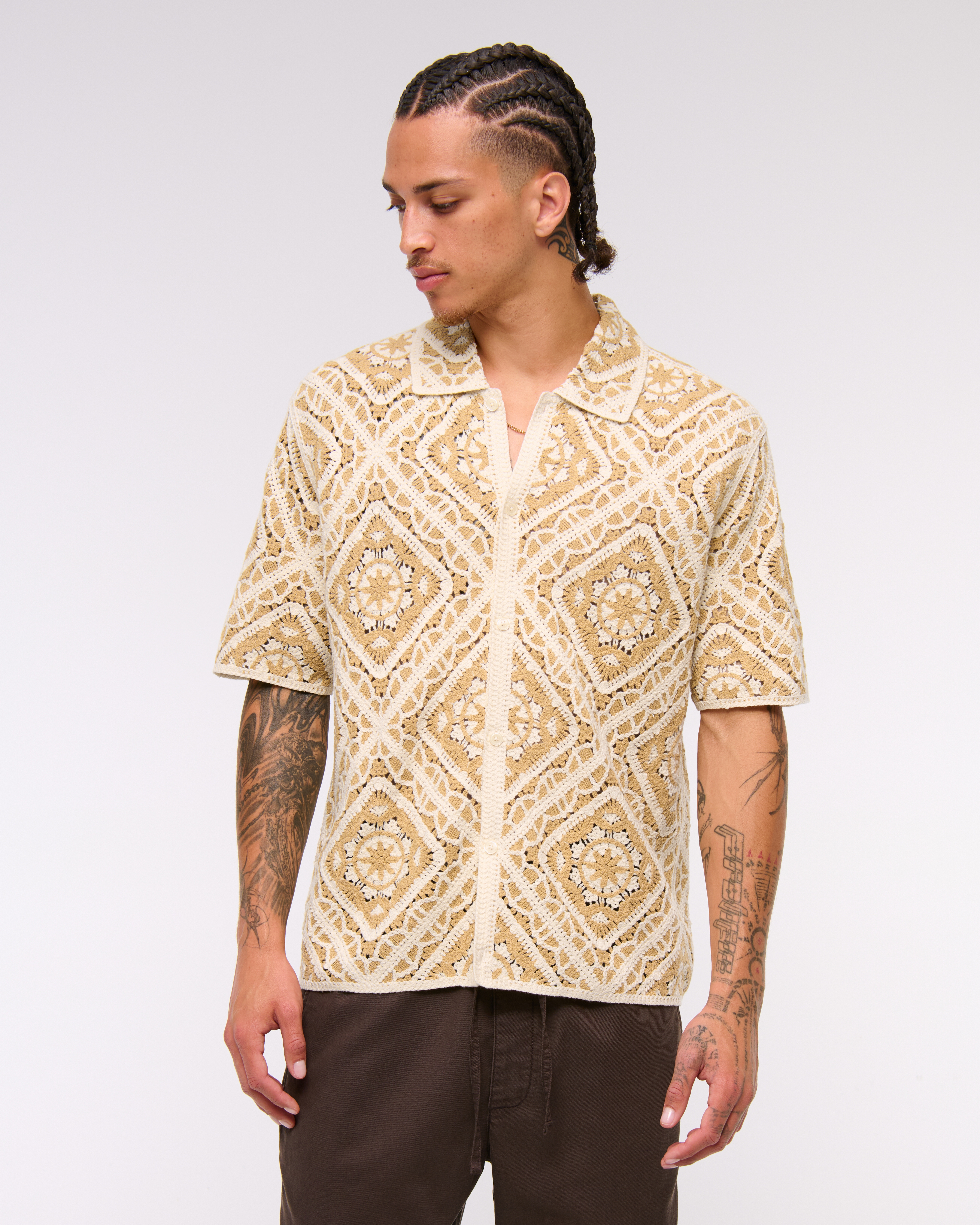 Abercrombie & Fitch Crochet-style Floral Button-through Sweater Polo In Brown
