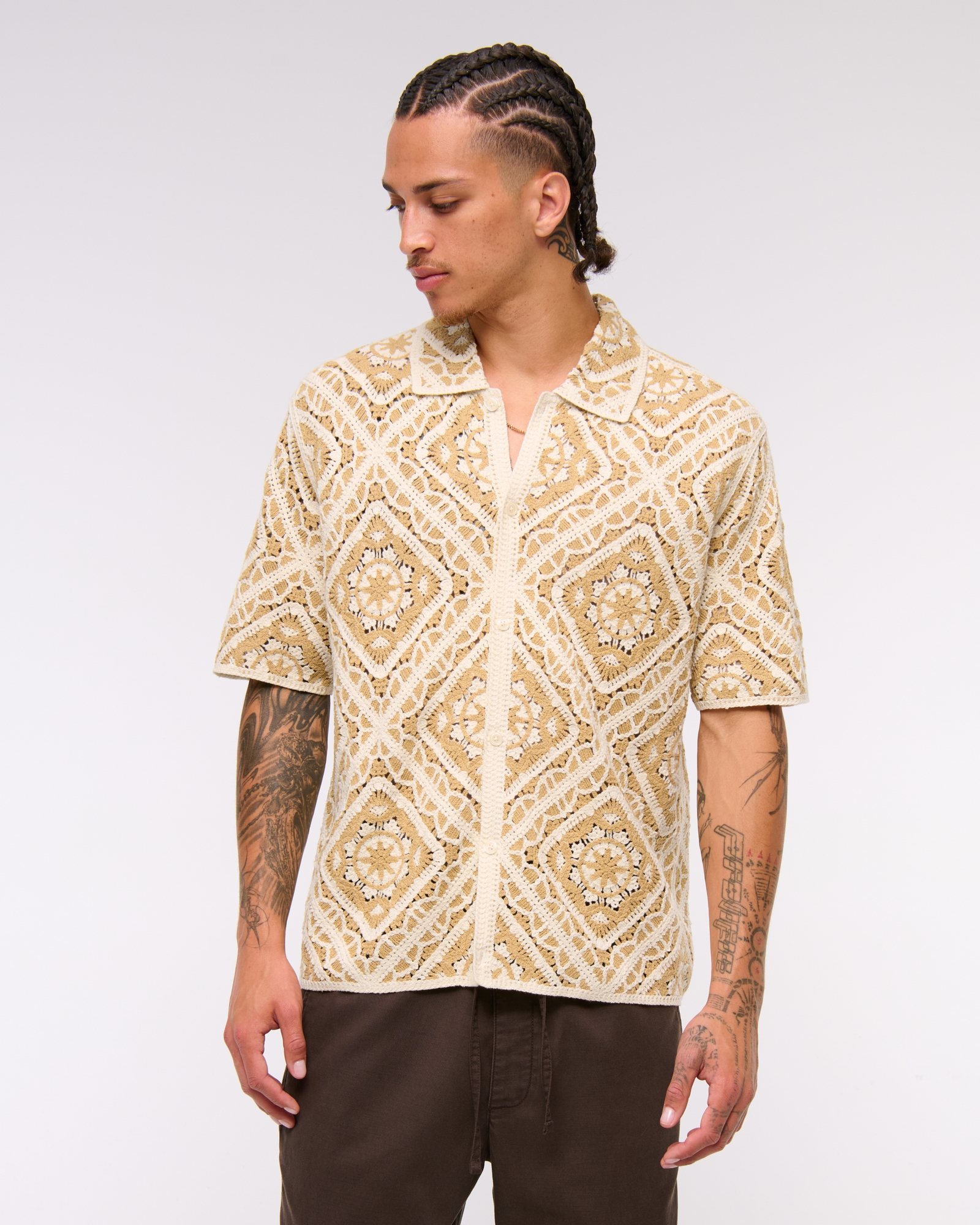 Crochet-Style Floral Button-Through Sweater Polo