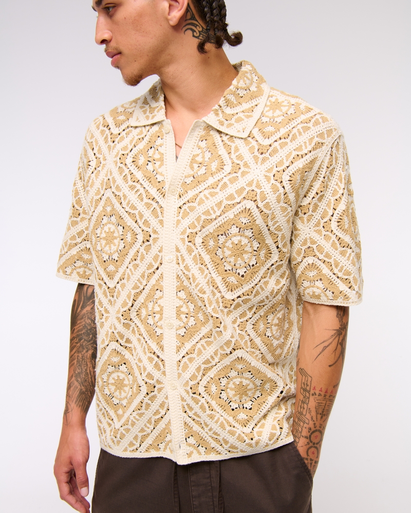 Men's Crochet-Style Floral Button-Through Sweater Polo | Men's