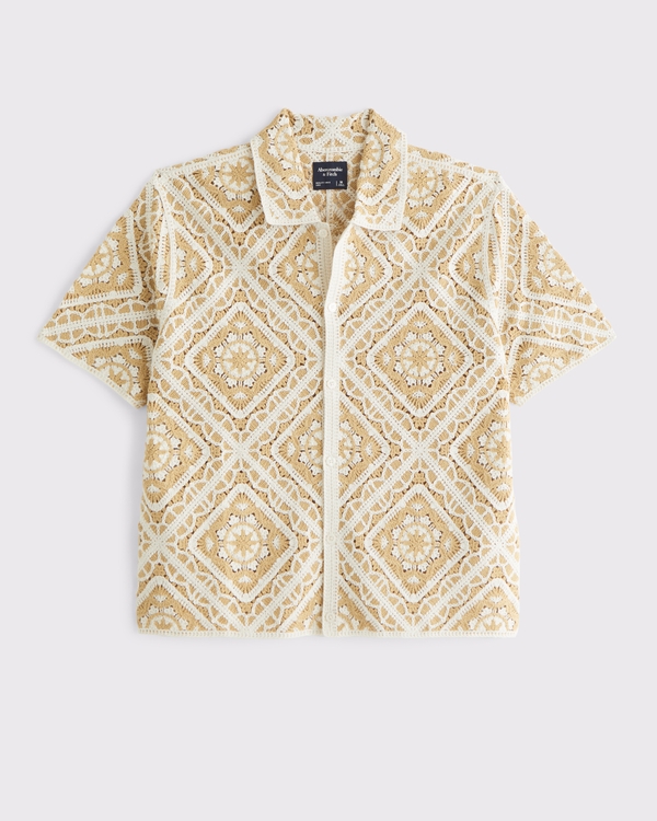 Crochet-Style Floral Button-Through Sweater Polo, Sunlit Straw Pattern view 2