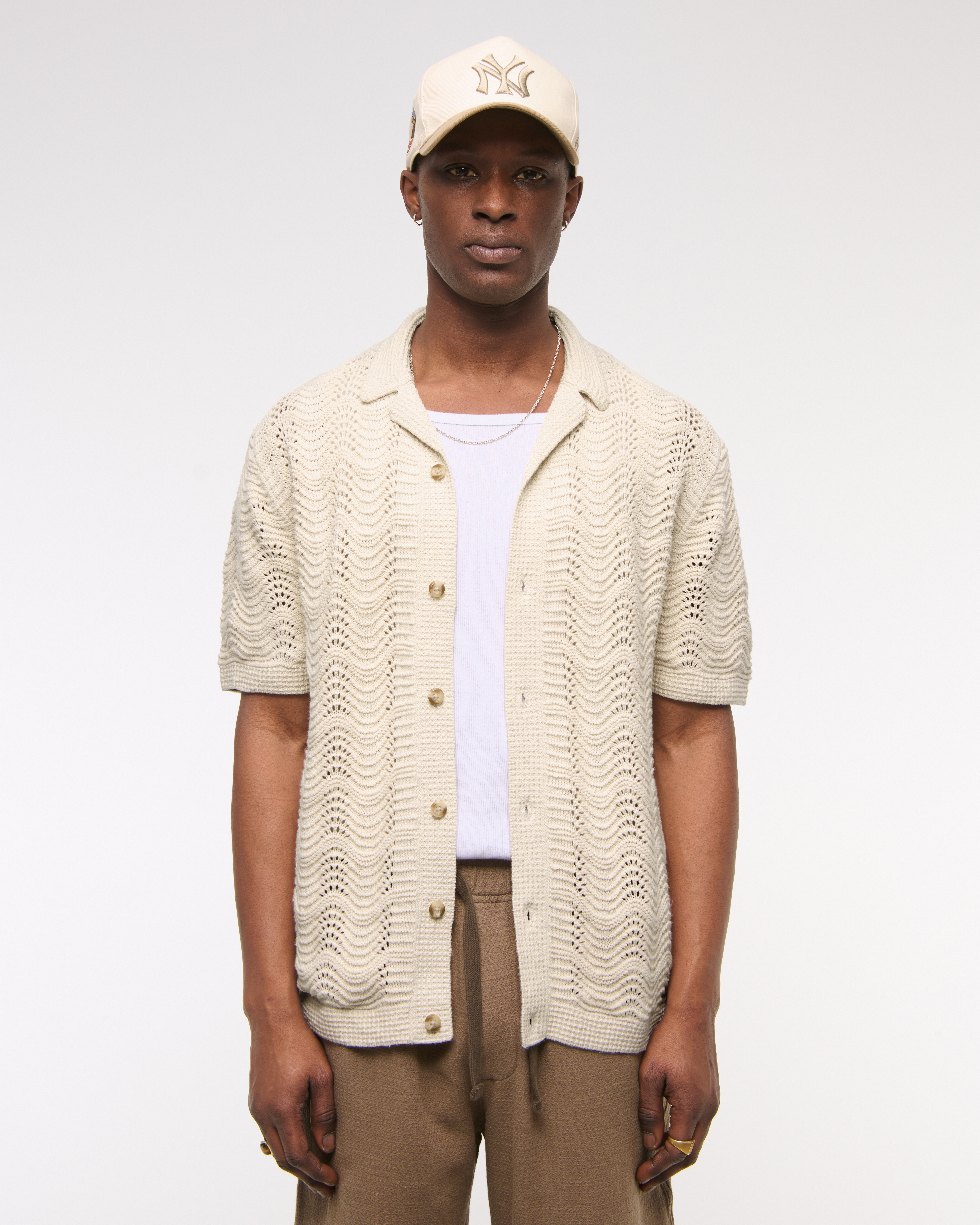 Abercrombie & Fitch Wavy Crochet-style Button-through Sweater Polo In Neutral