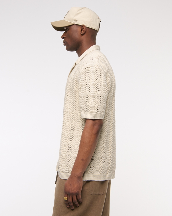 Wavy Crochet-Style Button-Through Sweater Polo