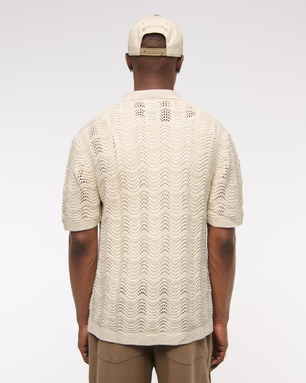 Wavy Crochet-Style Button-Through Sweater Polo