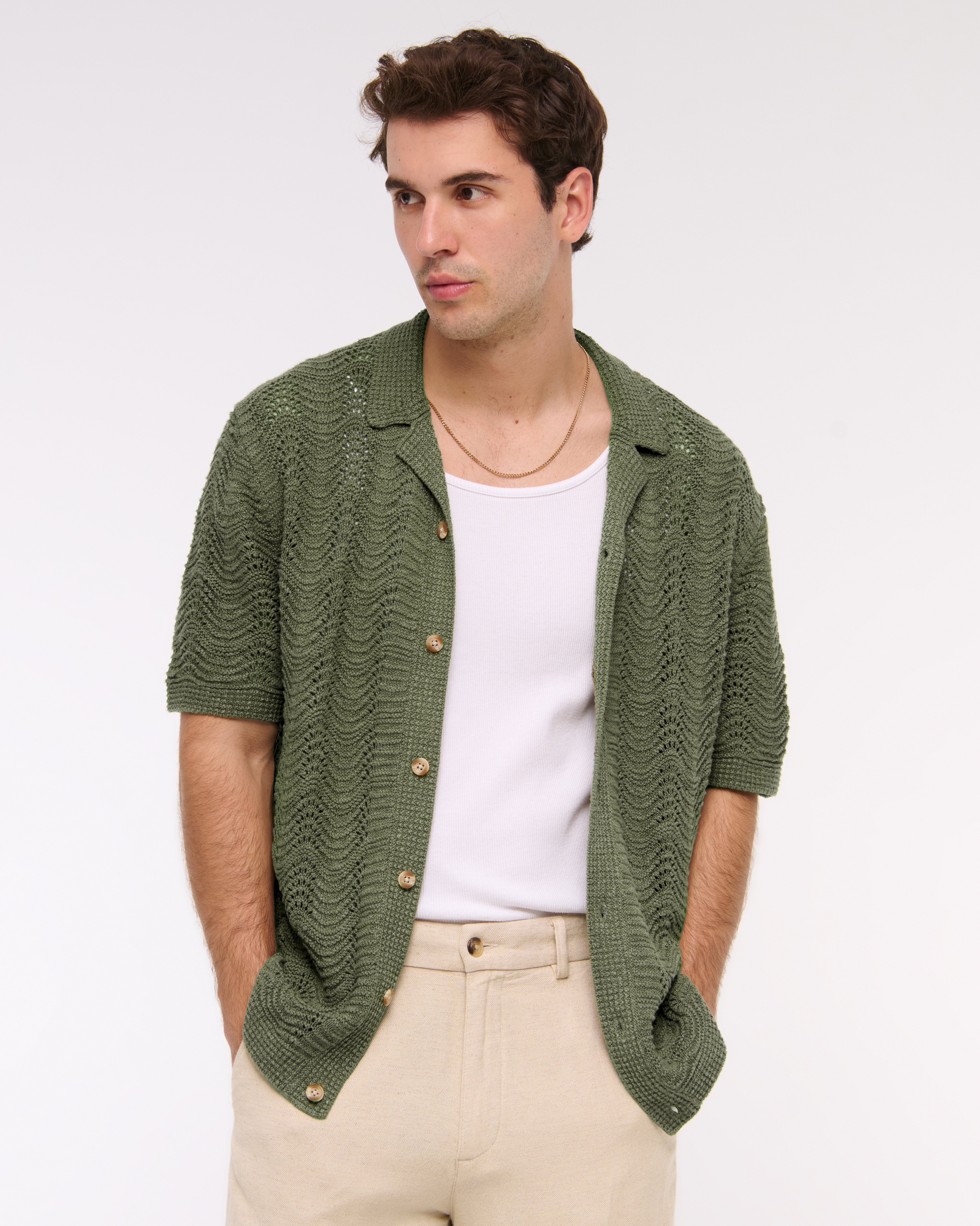 Abercrombie & Fitch Wavy Crochet-style Button-through Sweater Polo In Green