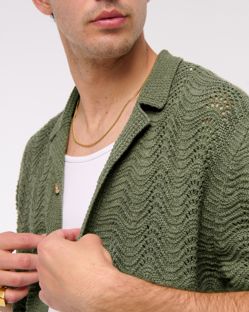 Wavy Crochet-Style Button-Through Sweater Polo
