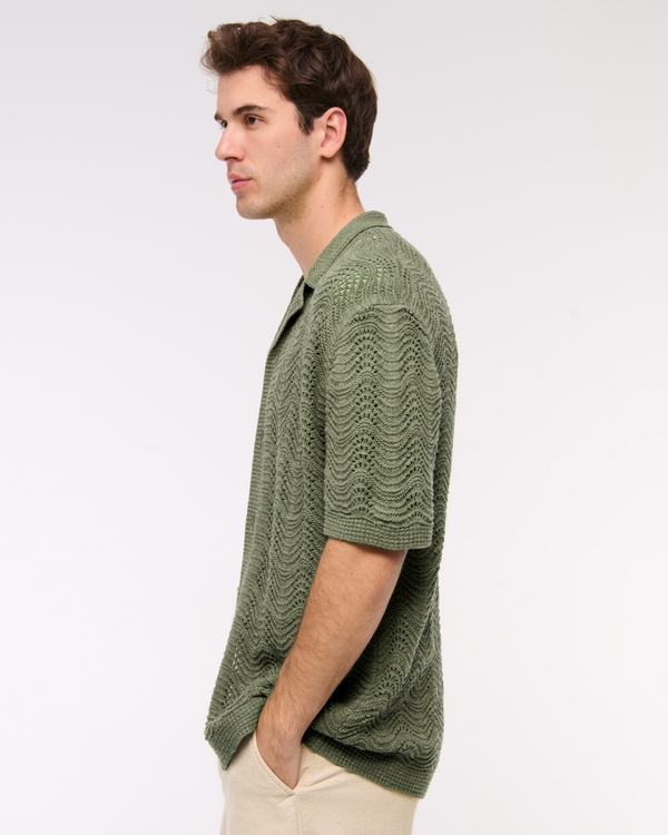 Wavy Crochet-Style Button-Through Sweater Polo