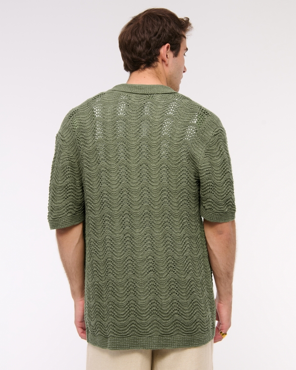 Wavy Crochet-Style Button-Through Sweater Polo