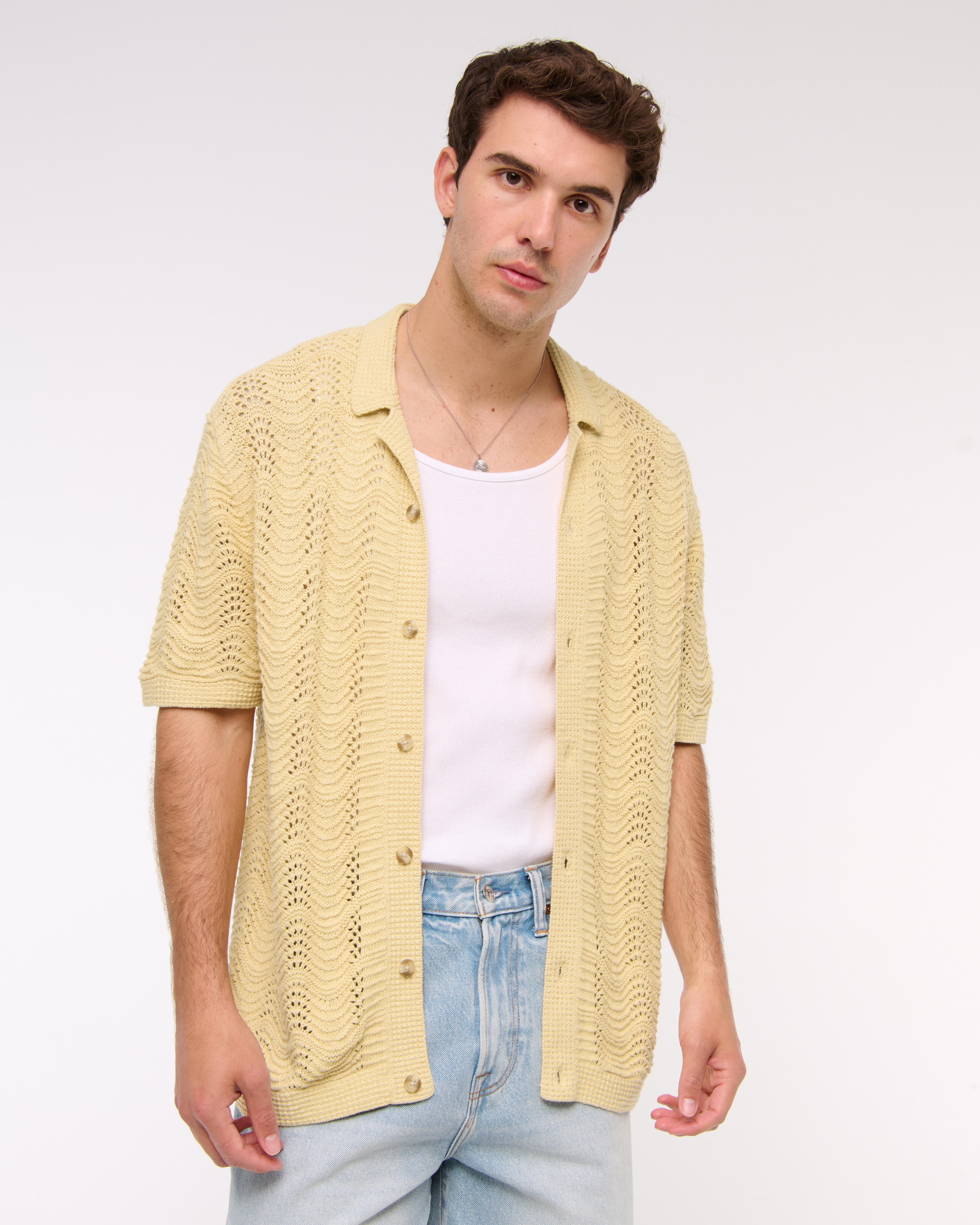 Abercrombie & Fitch Wavy Crochet-style Button-through Sweater Polo In Brown