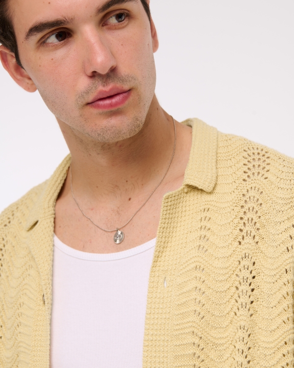 Wavy Crochet-Style Button-Through Sweater Polo