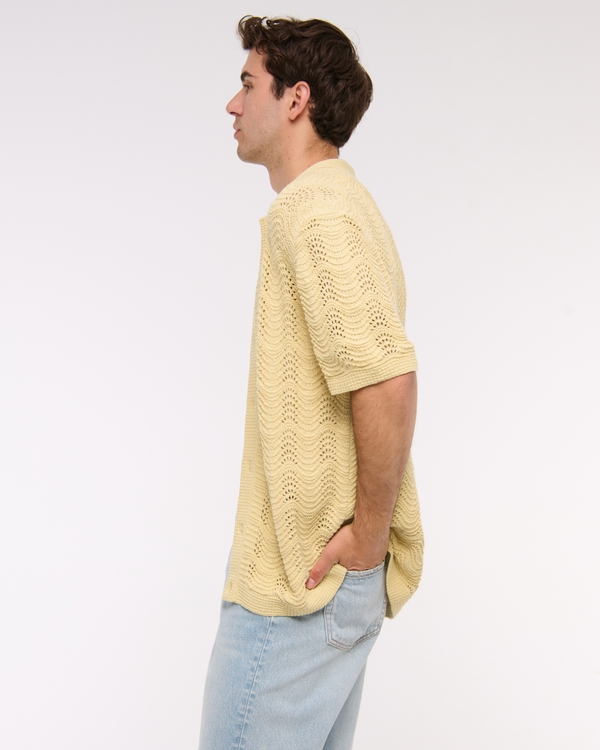 Wavy Crochet-Style Button-Through Sweater Polo