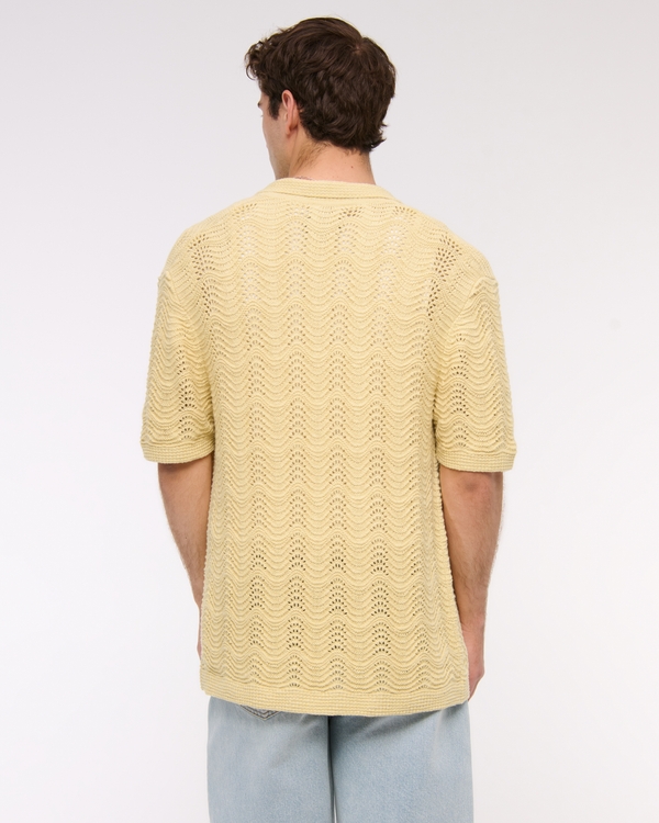 Wavy Crochet-Style Button-Through Sweater Polo