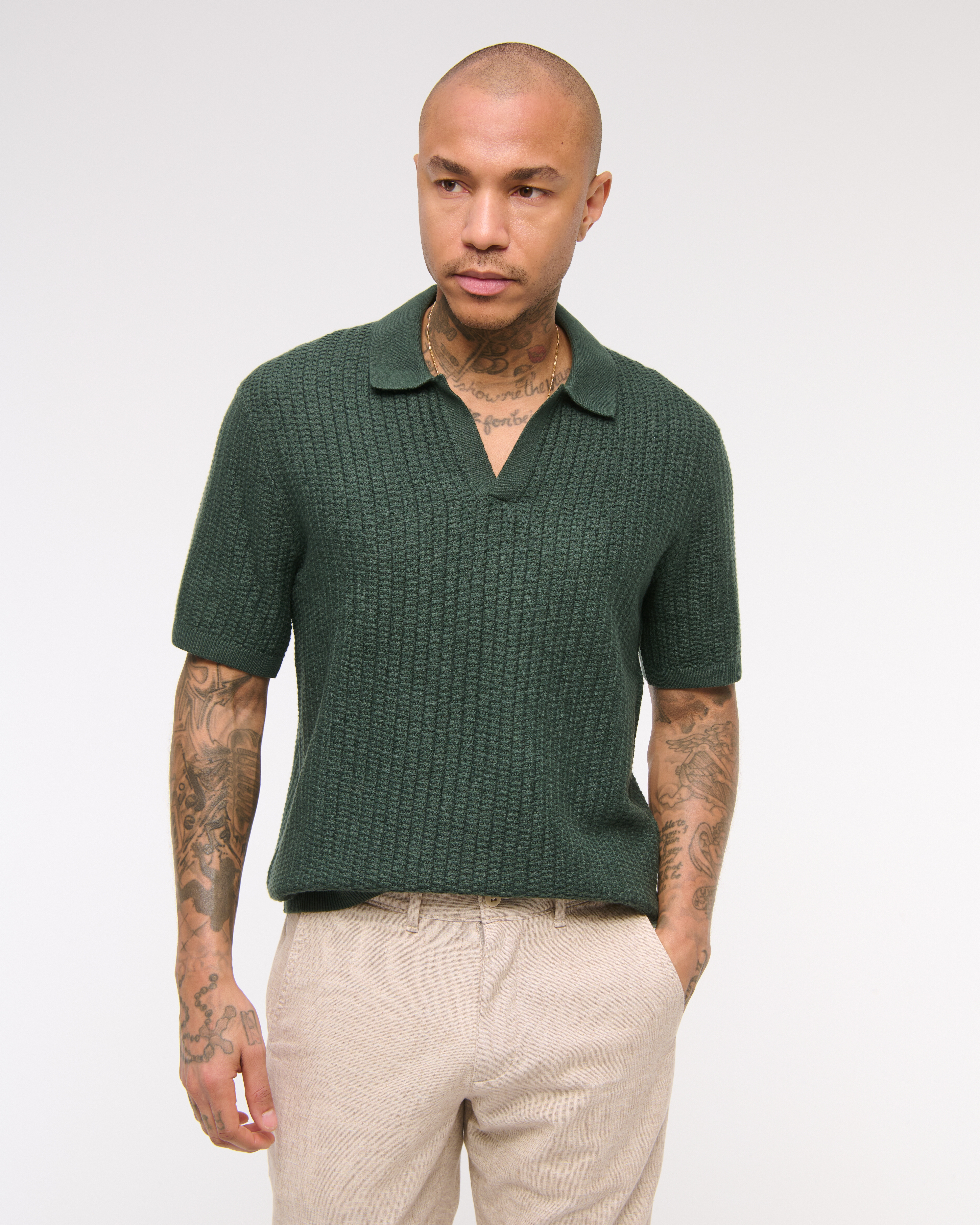 Abercrombie & Fitch Classic Stitch Johnny Collar Sweater Polo In Green