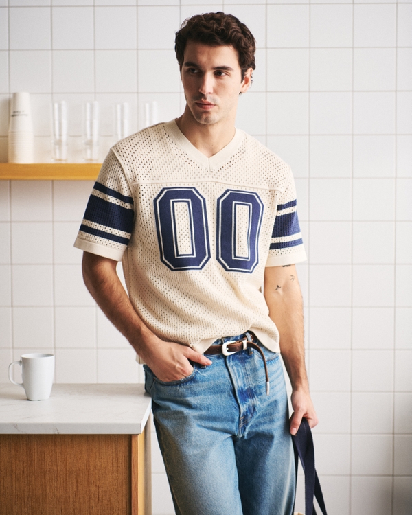 Football Jersey-Inspired Sweater, Oatmeal view 1