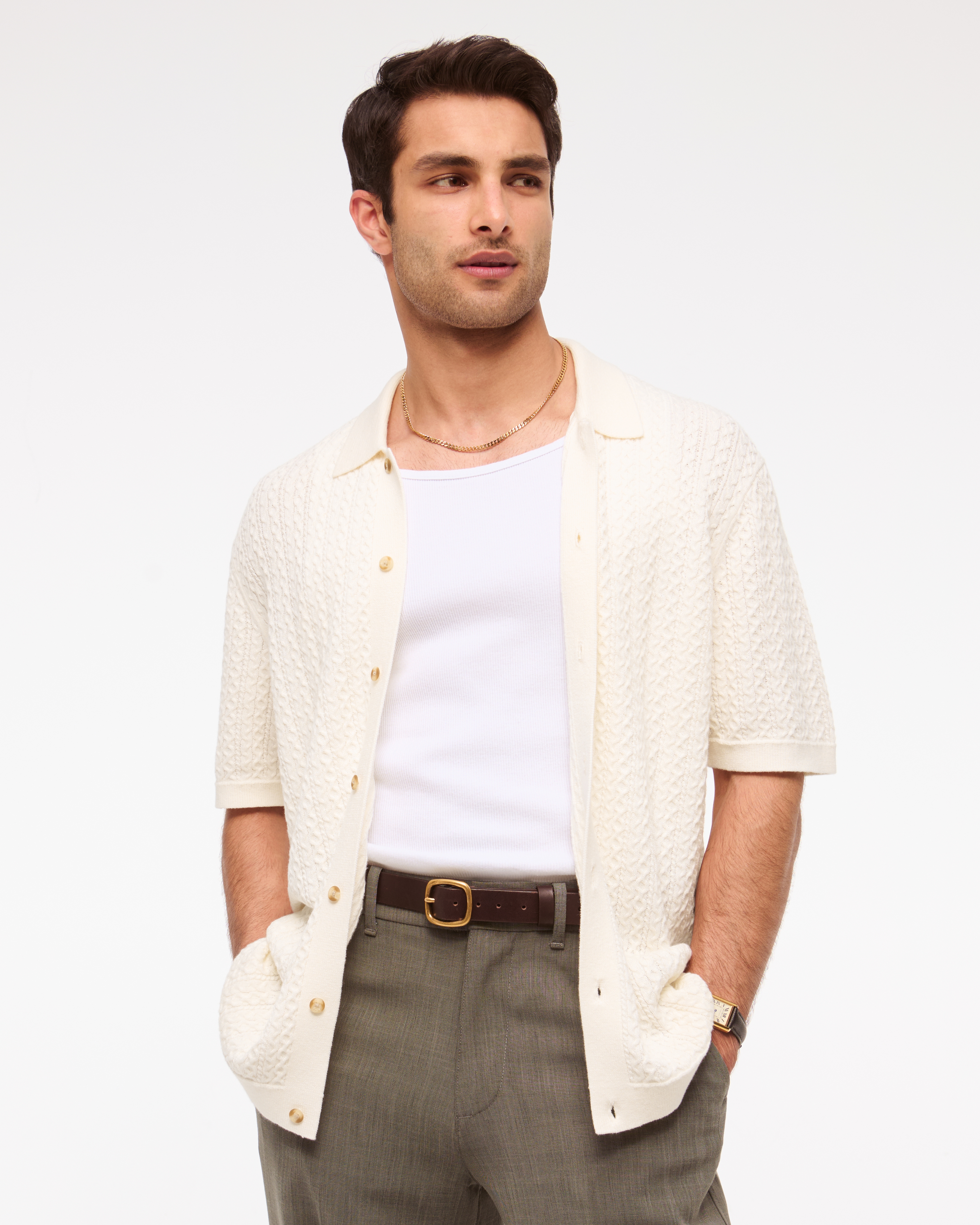 Abercrombie & Fitch Cable Button-through Sweater Polo In White