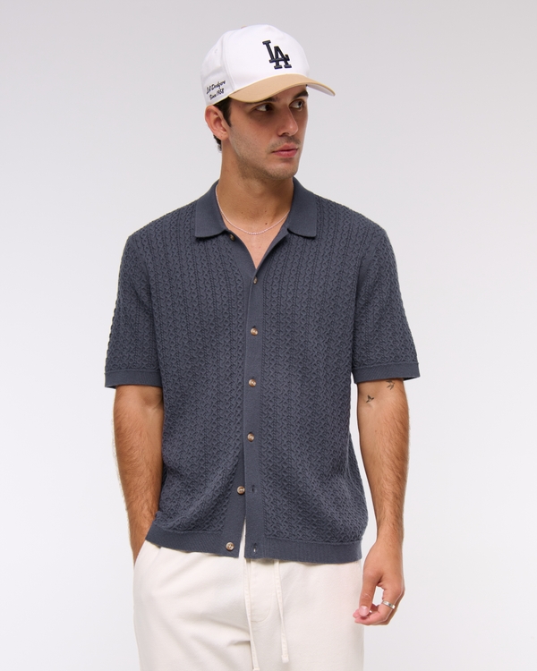Cable Button-Through Sweater Polo, Blue view 1