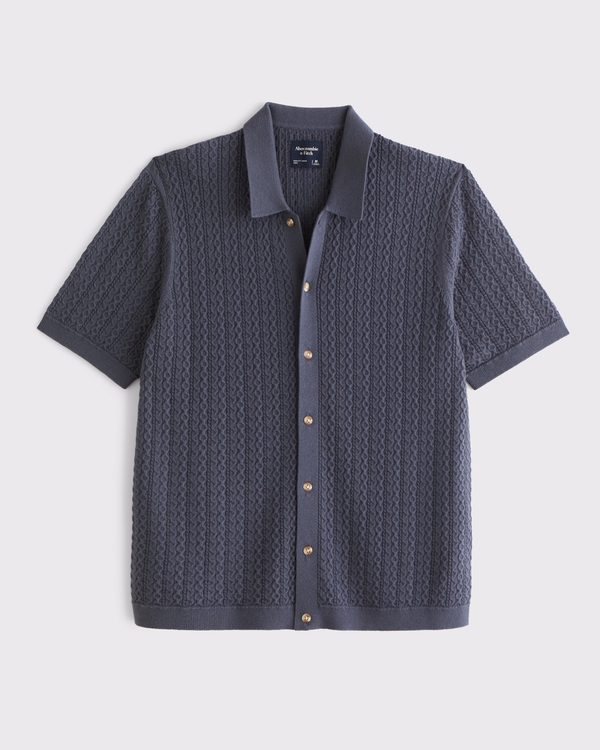 Cable Button-Through Sweater Polo, Blue view 1