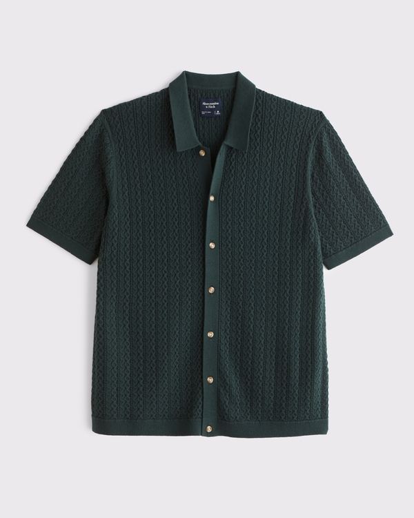 Cable Button-Through Sweater Polo, Dark Spruce view 1