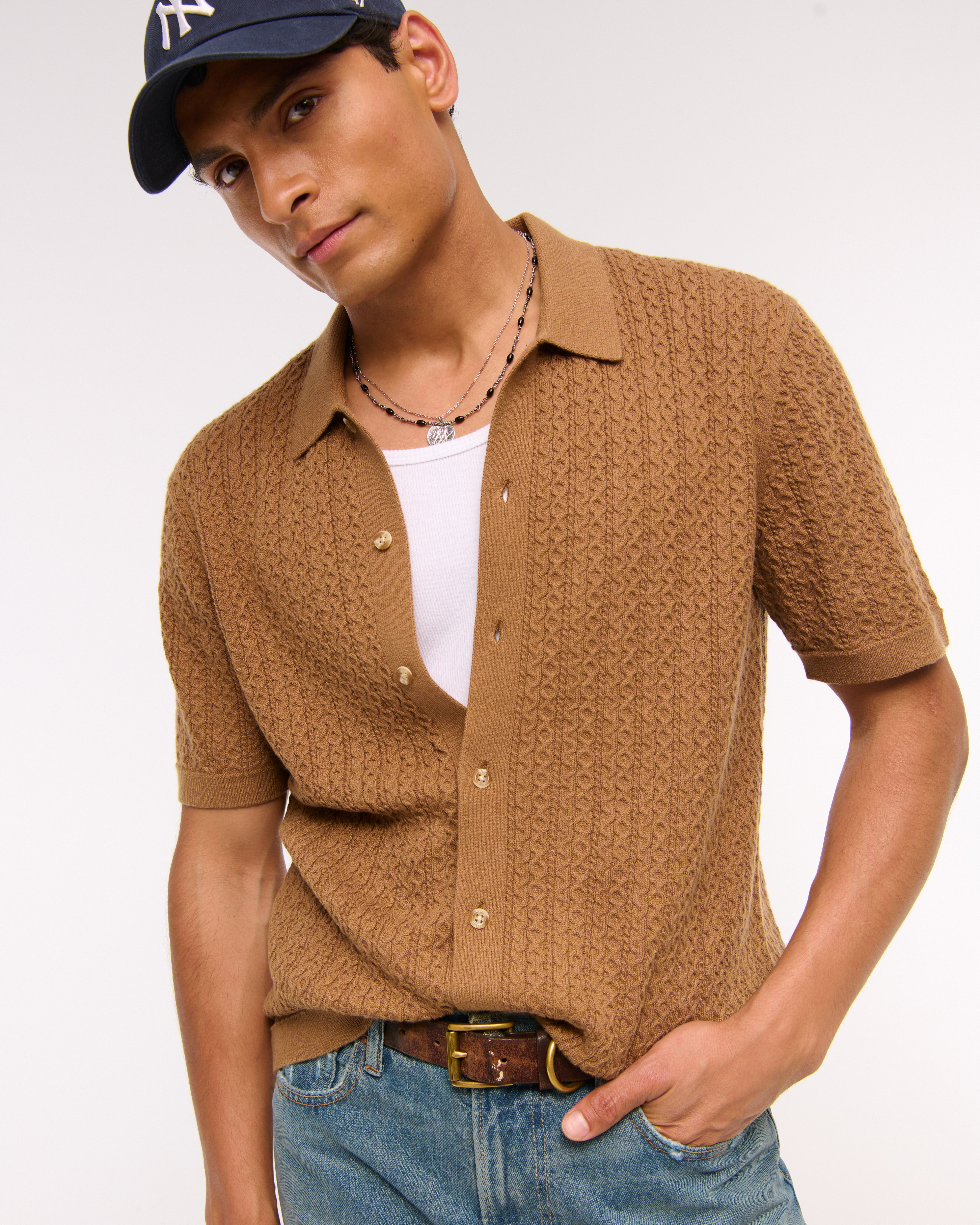Abercrombie & Fitch Cable Button-through Sweater Polo In Brown