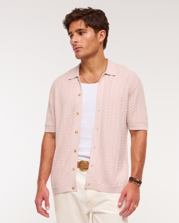 Cable Button-Through Sweater Polo, Pale Rose view 1