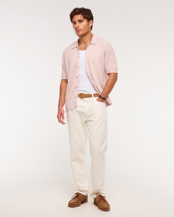 Cable Button-Through Sweater Polo, Pale Rose view 2
