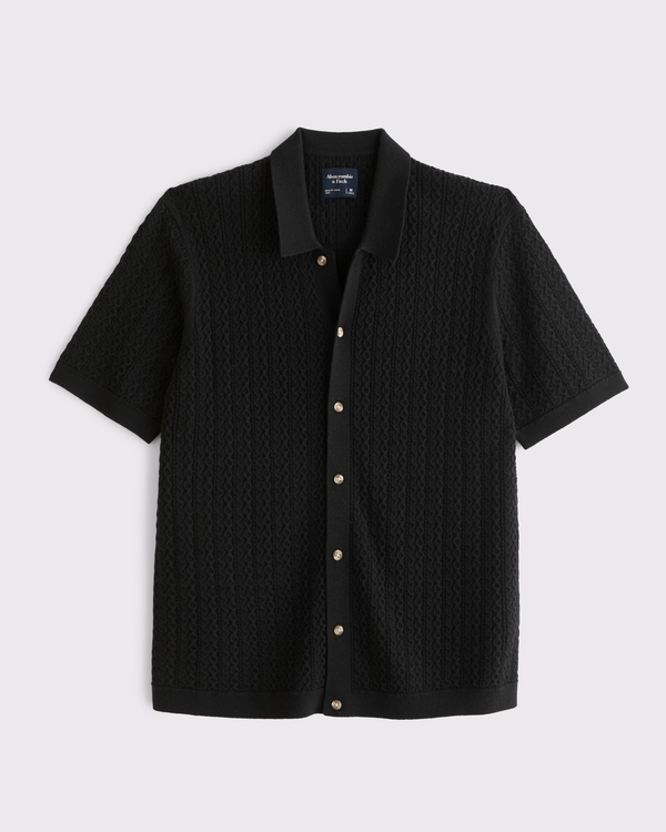 麻花紐扣 Polo 毛衣, 黑色 view 1