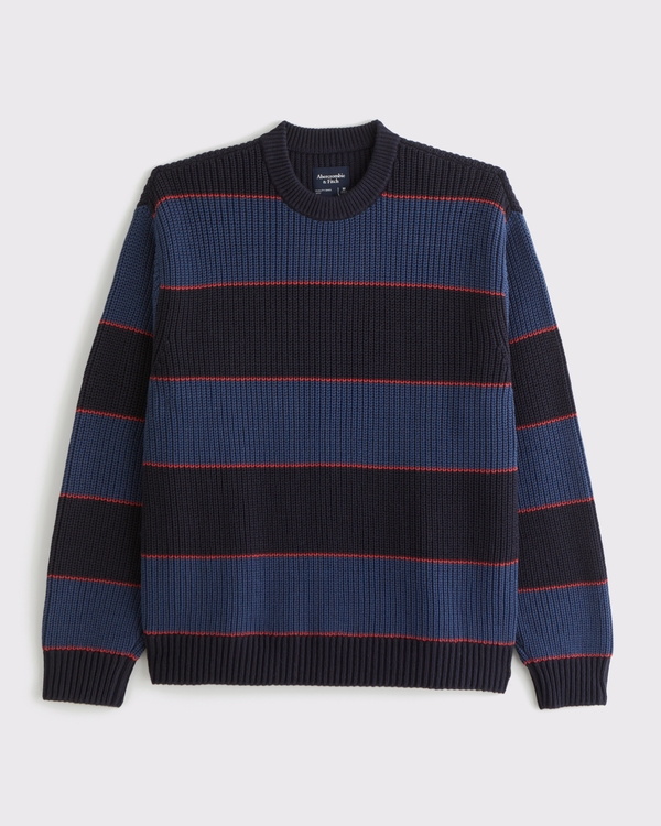 Oversized Waffle Crew Sweater, Navy Stripe view 1