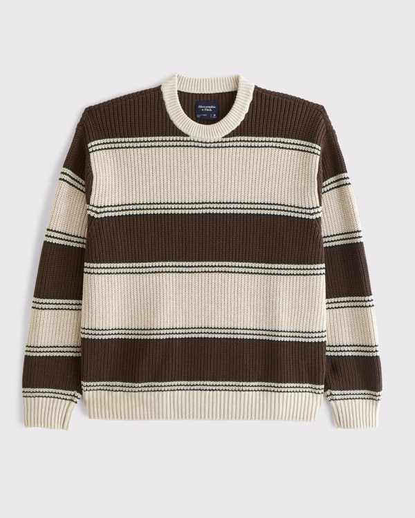 Oversized Waffle Crew Sweater, Brown Stripe view 1