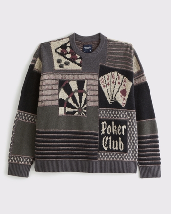 Oversized Poker Graphic Crew Sweater