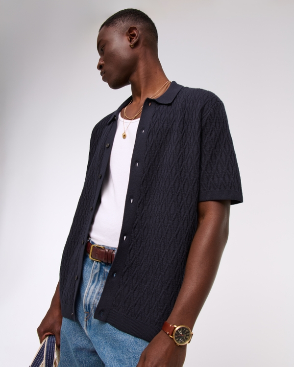Jacquard Pattern Button-Through Sweater Polo, Navy Pattern view 1